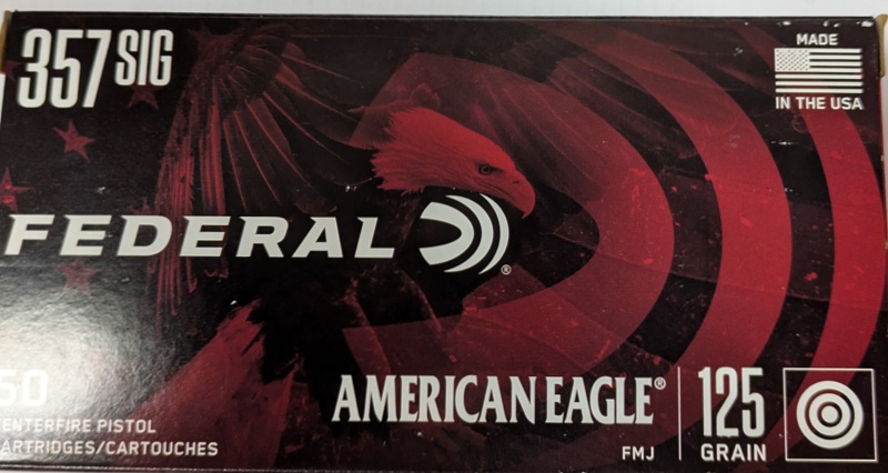 357 Sig American Eagle (Federal) 125 gr. FMJ 50 rnds 1350 fps Brass M-ID: AE357S2 UPC: 029465089924